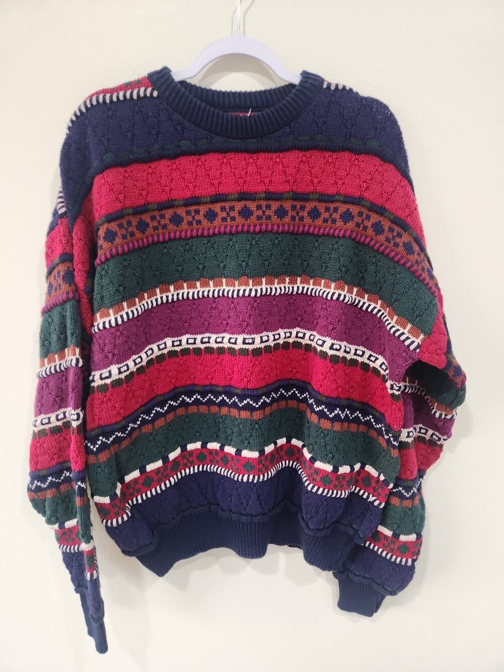 Vintage 90s Jo S.A. Banks 3D Knit Crewneck Pullover Sweater Mens XL Multicolor